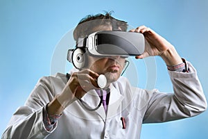 Doctor wearing virtual reality glasses conducting a remote clinical consultation