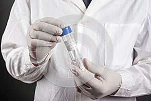 Doctor in white coat and disposable gloves holding a container for the delivery of medical tests close-up, healthcare concept