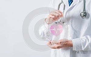 Doctor in white coat holding heartbeat icon for positive healthcare insurance symbol concept, Mental health care, medical check up