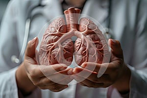 Doctor white coat holding model of heart in hands. Close-up medical healthcare