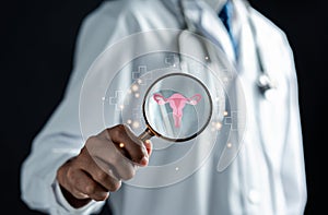 Doctor in a white coat holding virtual uterus reproductive system , woman health, PCOS, ovary gynecologic and cervix cancer,