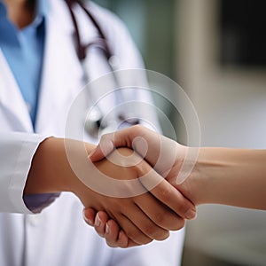 A doctor in a white coat with a phonendoscope shakes hands with a patient, a doctor\'s appointment, medical care,