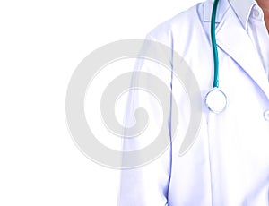 Doctor in white coat with stethoscope on white background for he