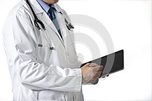 a doctor in white gown with a tablet