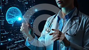 Doctor interacting with glowing blue digital brain interface medical technology