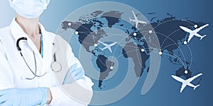 Doctor in a white medical coat in a protective mask and gloves on the background of the world map with airplanes. Medical tourism