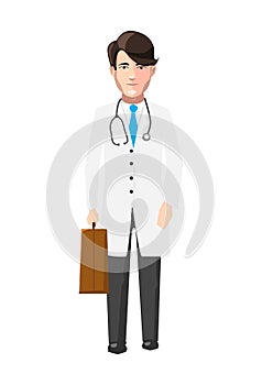 Doctor in white robe with medicine case and stroboscope, flat character on white