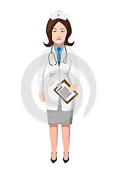 Doctor in white robe with stroboscope, flat woman character on white