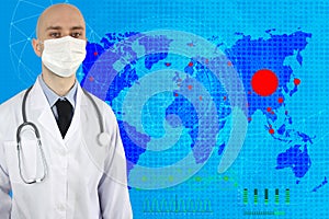 Doctor in white uniform with a stethoscope in a protective mask and glasses, concept of virology, epidemic, coronavirus