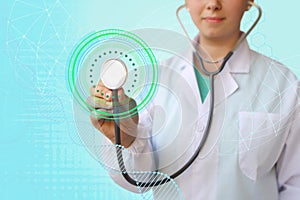 Doctor in white uniform with a stethoscope, virtual display icons, concept of medical care in the country, insurance, treatment