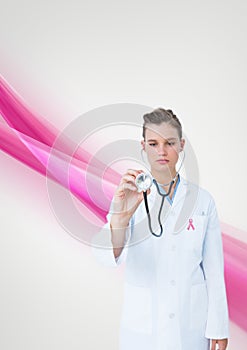 Doctor woman with breast cancer awareness ribbon