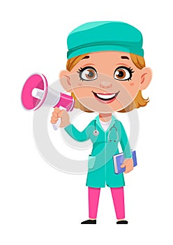 Doctor woman cartoon character. Beautiful female doctor making announcement