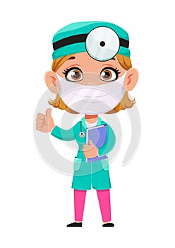 Doctor woman cartoon characterDoctor woman cartoon character. Beautiful female doctor wearing medical mask.