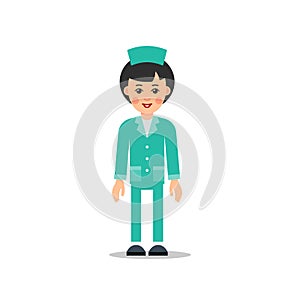 Doctor woman. Cartoon female doctor stands with downcast hands.
