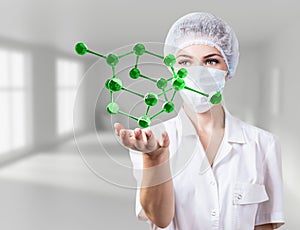 Doctor woman demonstrate virtual molecules in hands.