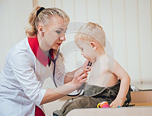 Doctor woman examining heartbeat of child with stethoscope