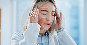 Doctor, woman and headache in office with burnout, stress and risk at hospital or clinic from migraine. Person, employee