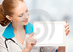 Doctor woman holding a blank white tablet computer