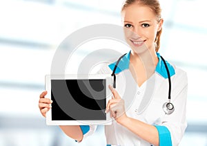 Doctor woman holding a blank white tablet computer