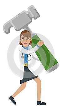 Doctor Woman Holding Hammer Mascot Concept