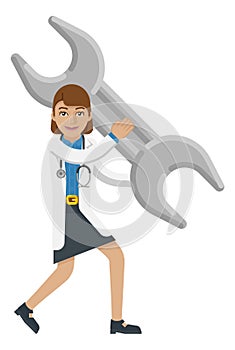 Doctor Woman Holding Spanner Wrench Mascot Concept