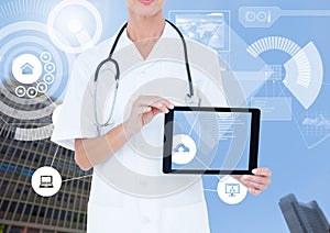 Doctor woman Holding tablet and City with icons and interface