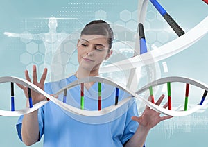 Doctor woman interacting with 3D DNA strand