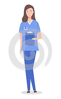 Doctor woman or nurse wearing medical suit holding clipboard with anamnesis or diagnose of patient