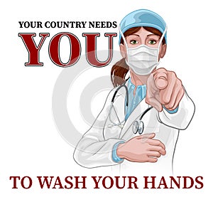 Doctor Woman Pointing Needs You Wash Your Hands