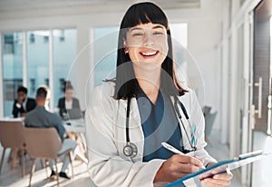 Doctor, woman and portrait smile with checklist in hospital for research or wellness report. Healthcare clinic, planning