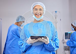 Doctor, woman in portrait with tablet in surgery and operation room, healthcare and digital treatment plan. Smile, help photo