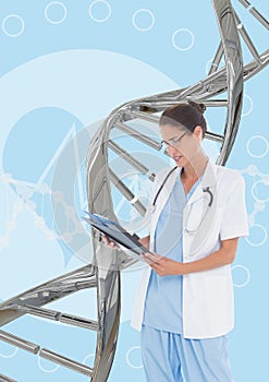 Doctor woman reading with 3D DNA strand