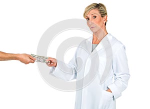 Doctor woman receiving money from a person