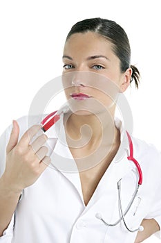 Doctor woman with red syringe in lips