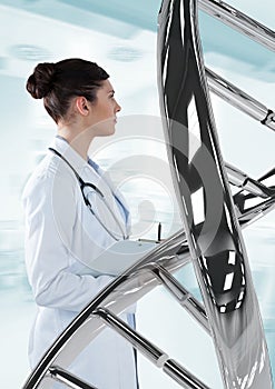 Doctor woman standing with 3D DNA strand