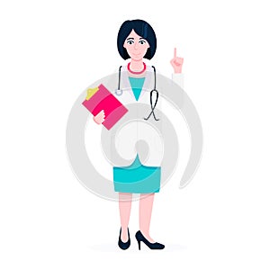 Doctor woman standing and holding clipboard and stethoscope with index finger flat style design vector illustration