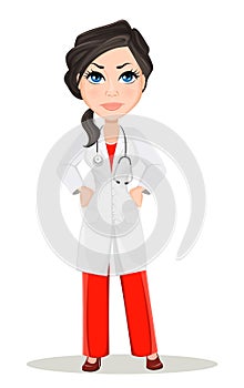 Doctor woman with stethoscope. Cute cartoon doctor character in medical gown showing anger, dissatisfied.