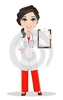 Doctor woman with stethoscope. Cute cartoon smiling doctor character in medical gown holding blank clipboard