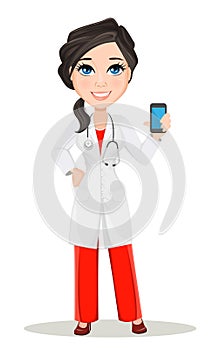 Doctor woman with stethoscope. Cute cartoon smiling doctor character in medical gown holding smartphone.