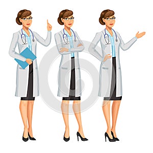 Doctor, woman with stethoscope, gesturing. Medical woman.