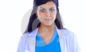 Doctor woman with stethoscope standing near wall