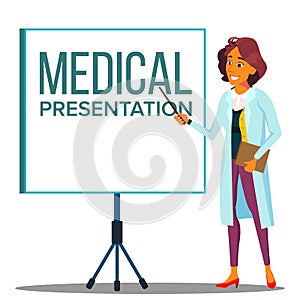 Doctor Woman In White Coat Near Meeting Projector Screen, Medical Presentation Vector. Isolated Cartoon Illustration