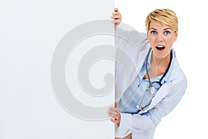 Doctor, woman and wow in portrait, poster for advertising and healthcare info with board on white background. Medical