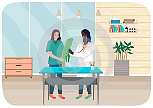 Doctor women with iguana in medical office. Veterinarian female character holding big green lizard
