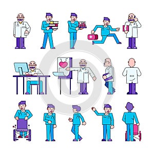 Doctor at work in medical clinic, hospital vector illustration isolated collection set.