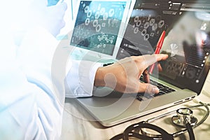 Doctor working with digital tablet and laptop computer with smart phone in medical workspace office and video conferance as