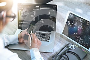 Doctor working with digital tablet and laptop computer with smart phone in medical workspace office and video conferrance as