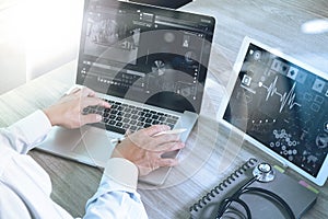 Doctor working with digital tablet and laptop computer with smart phone in medical workspace office and video conferrance as