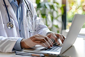 Doctor working with laptop computer and writing on paperwork. Hospital background