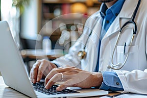 Doctor working with laptop computer and writing on paperwork. Hospital background